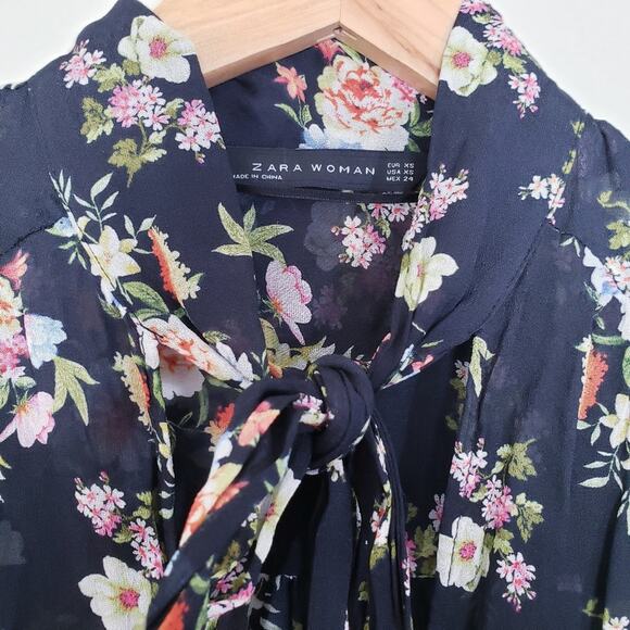 Zara Black Multicolor Floral Chiffon Sheer Long Sleeve Ruffle Tunic Dress XS - Picture 9 of 10